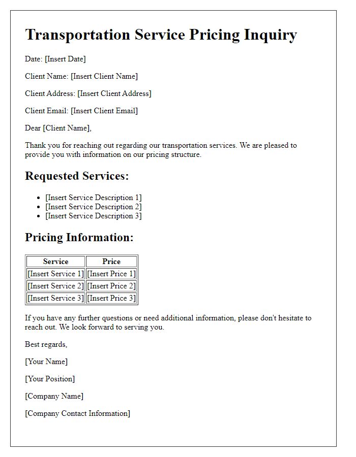 Letter template of transportation service client pricing inquiry