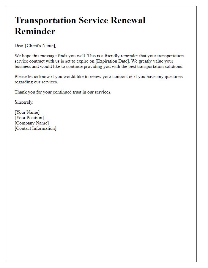 Letter template of transportation service client service renewal reminder