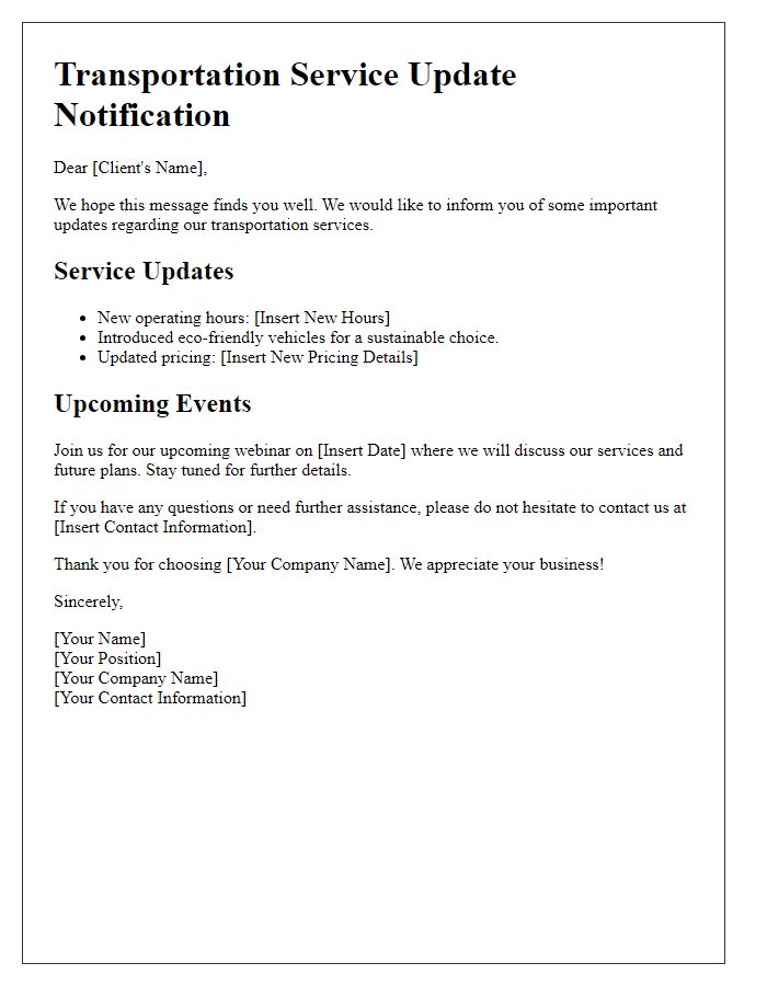 Letter template of transportation service client update notification