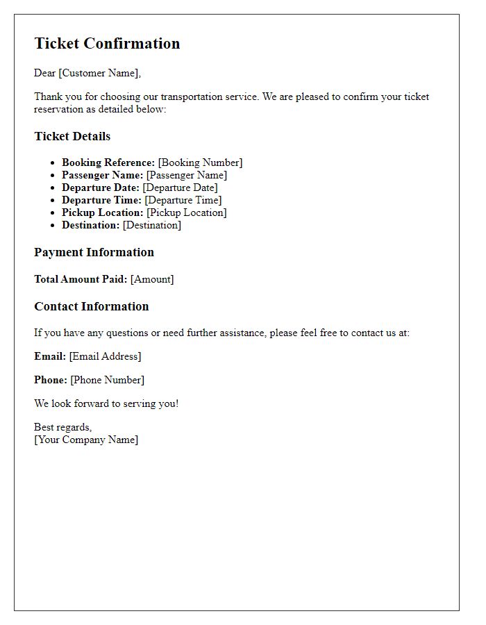 Letter template of transportation service ticket confirmation.