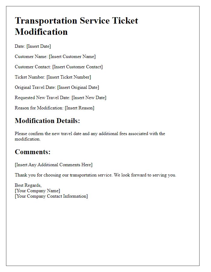 Letter template of transportation service ticket modification.