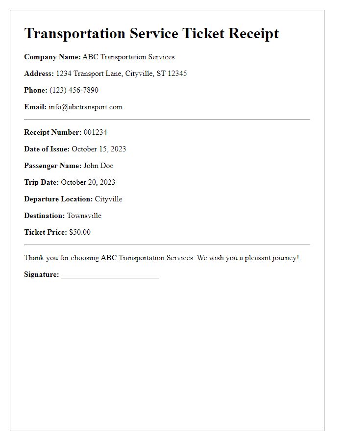 Letter template of transportation service ticket receipt.