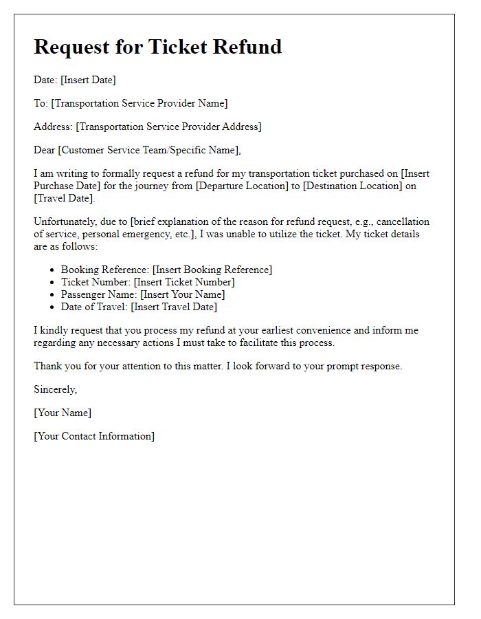 Letter template of transportation service ticket refund.