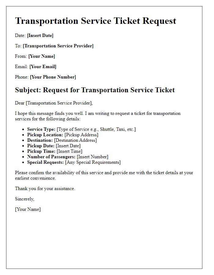 Letter template of transportation service ticket request.