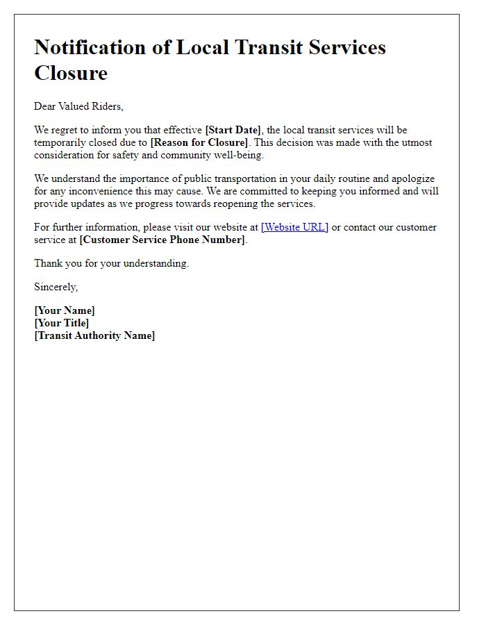 Letter template of closure of local transit services notification