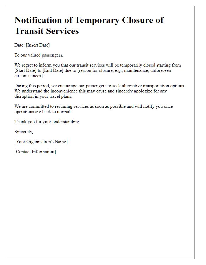 Letter template of temporary closure of transit services