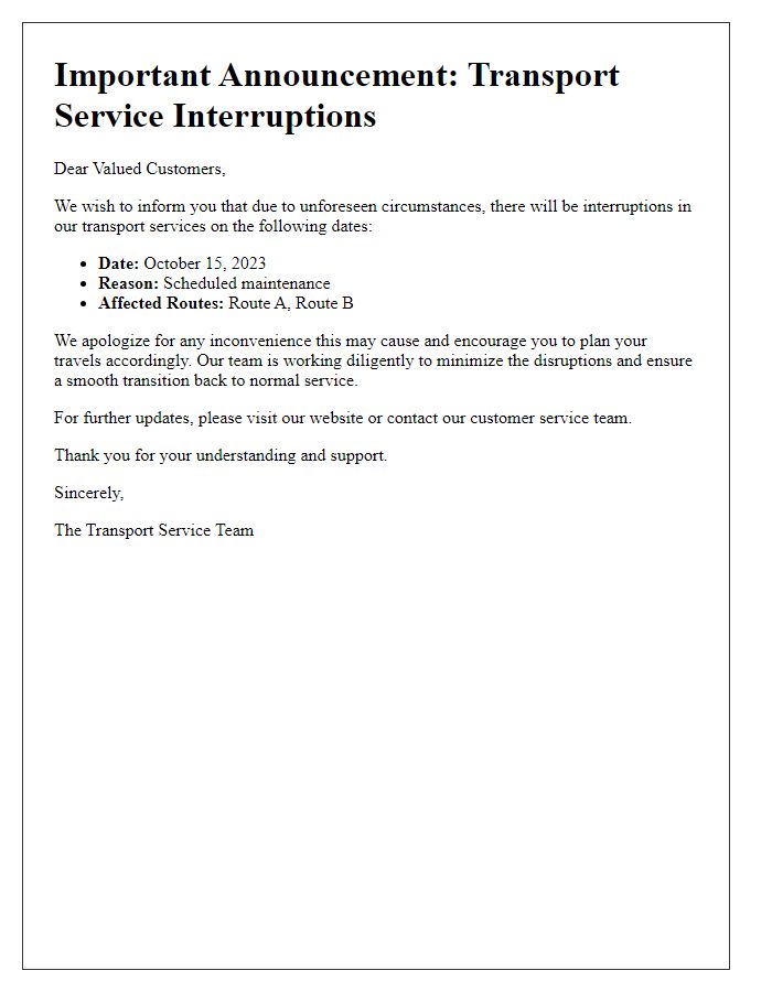 Letter template of transport service interruptions announcement