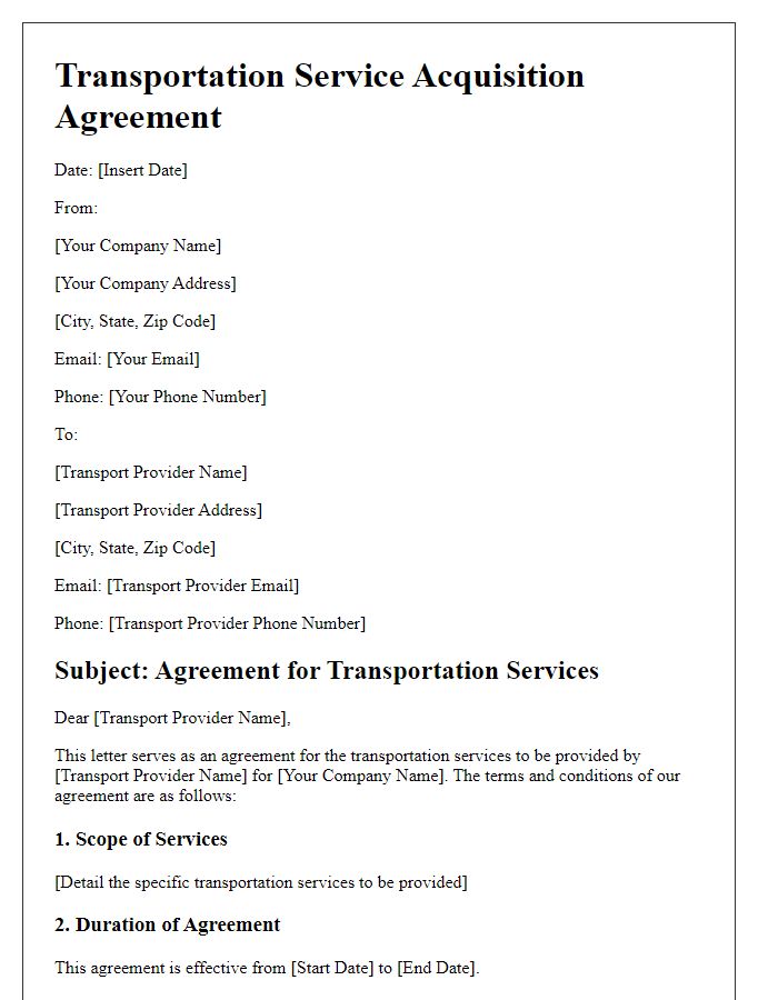 Letter template of transportation service acquisition agreement