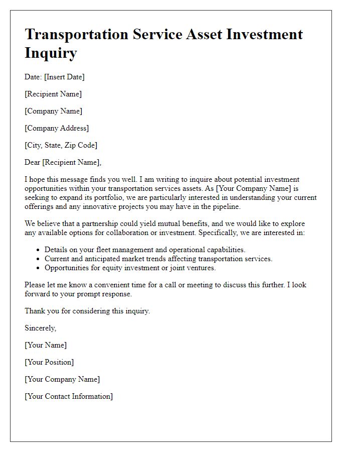 Letter template of transportation service asset investment inquiry