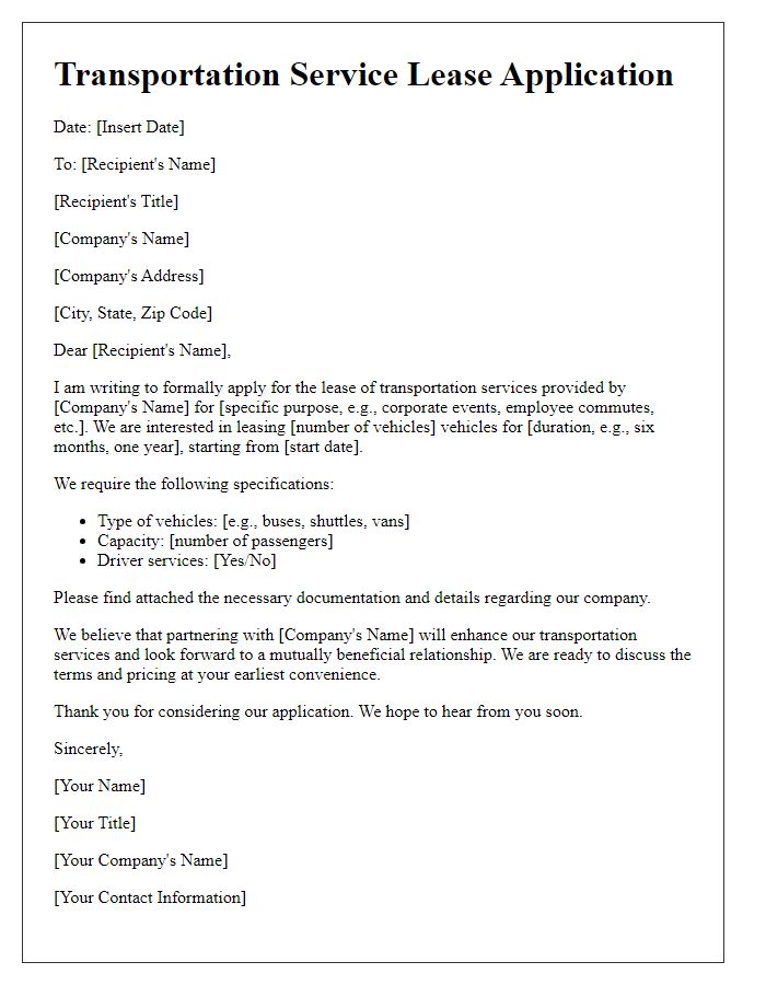 Letter template of transportation service lease application