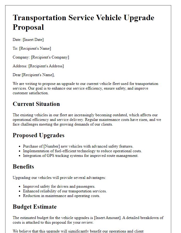 Letter template of transportation service vehicle upgrade proposal