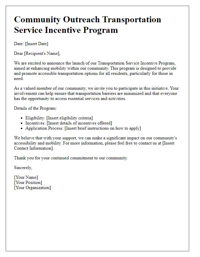 Letter template of transportation service incentive program for community outreach.