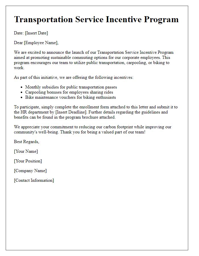 Letter template of transportation service incentive program for corporate employees.