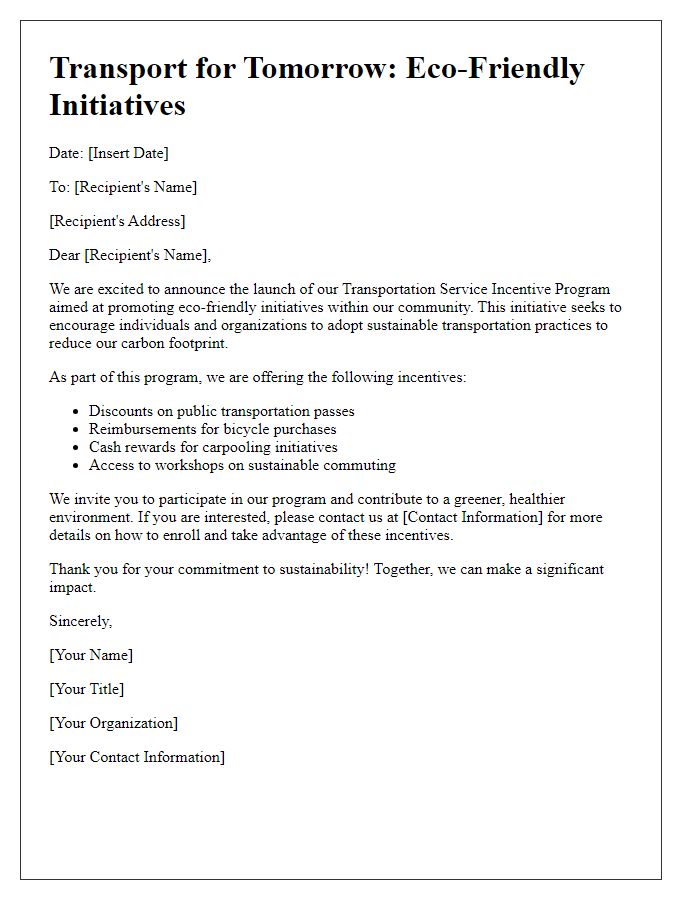 Letter template of transportation service incentive program for eco-friendly initiatives.