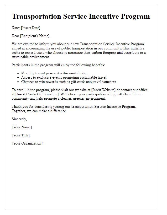 Letter template of transportation service incentive program for public transportation users.