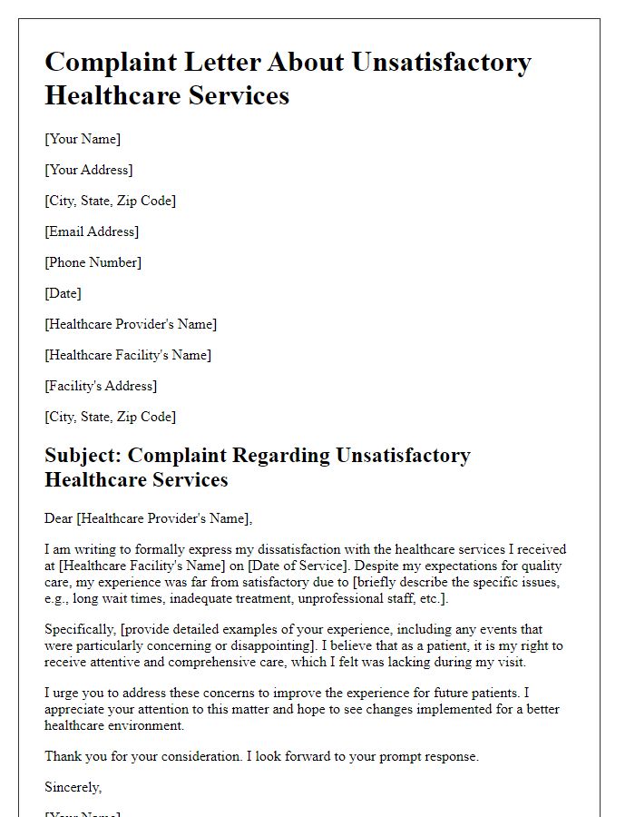 Letter template of complaint about unsatisfactory healthcare services