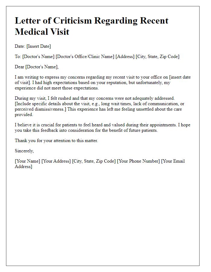 Letter template of criticism regarding recent medical visit