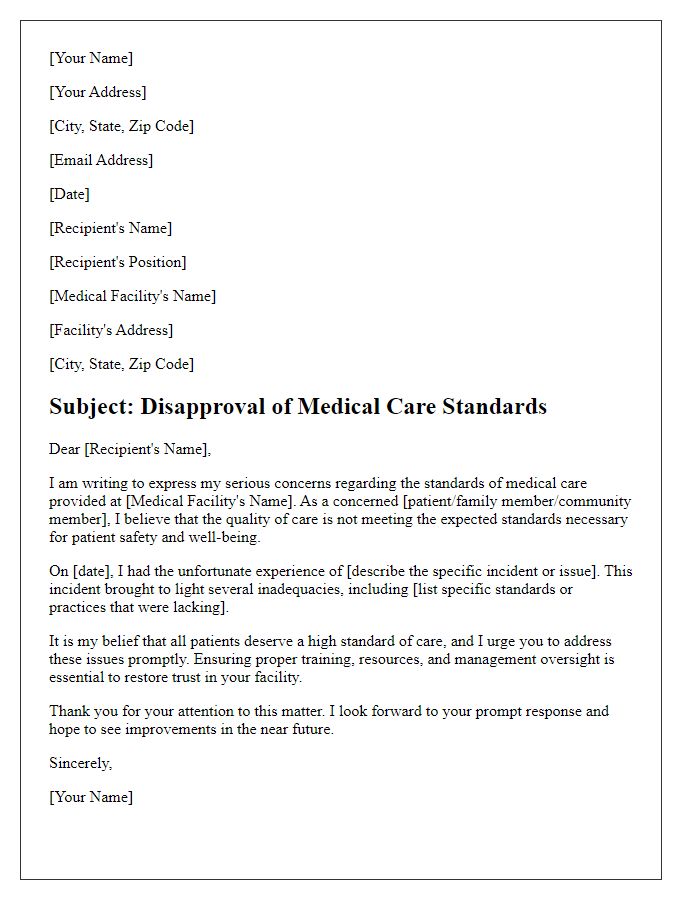 Letter template of disapproval of medical care standards