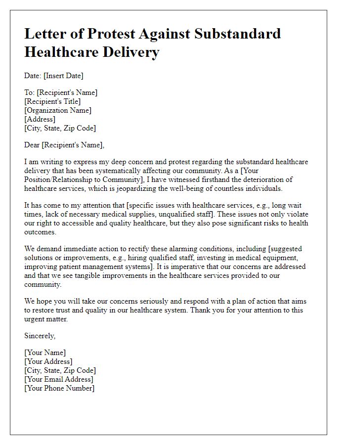 Letter template of protest against substandard healthcare delivery