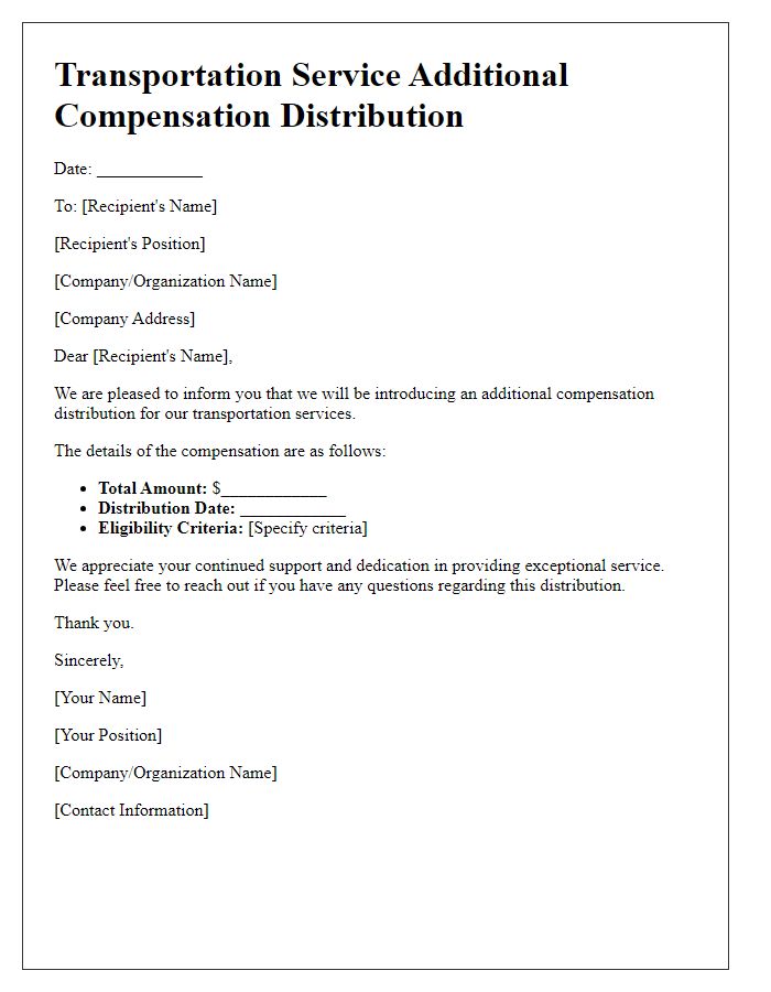 Letter template of transportation service additional compensation distribution