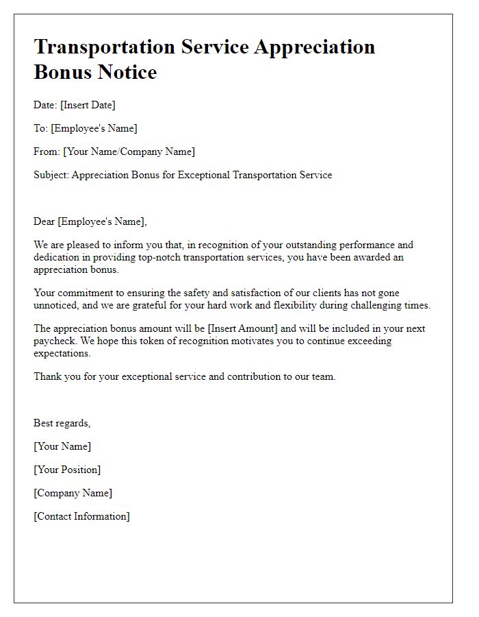 Letter template of transportation service appreciation bonus notice