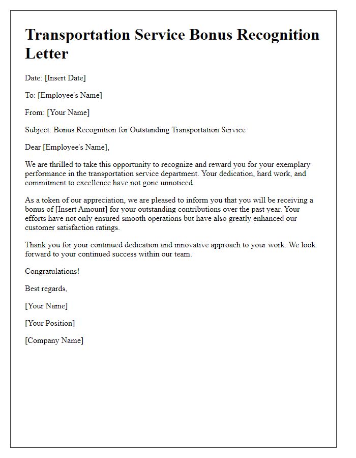 Letter template of transportation service bonus recognition letter