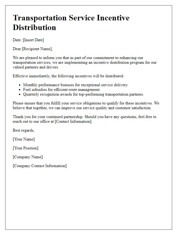 Letter template of transportation service incentive distribution