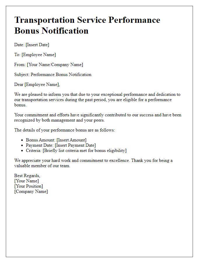 Letter template of transportation service performance bonus notification