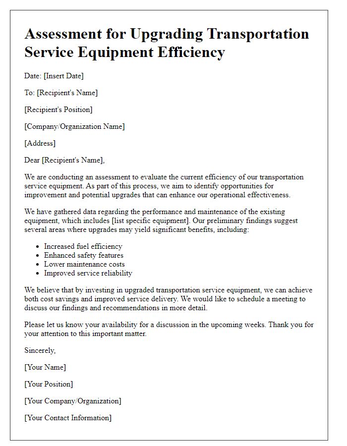 Letter template of assessment for upgrading transportation service equipment efficiency.