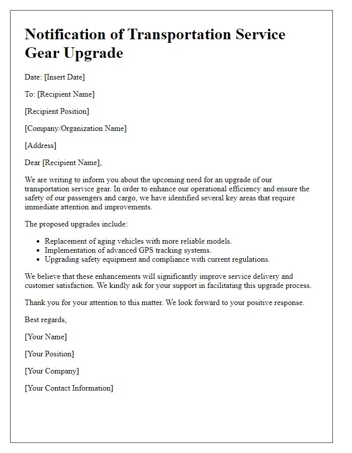 Letter template of notification for the need of transportation service gear upgrade.