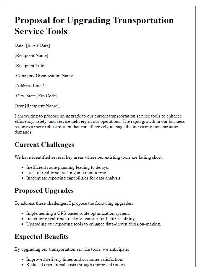 Letter template of proposal for upgrading transportation service tools.