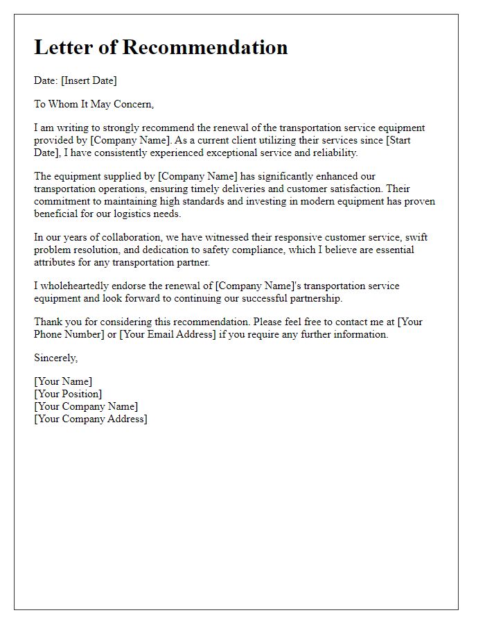 Letter template of recommendation for transportation service equipment renewal.