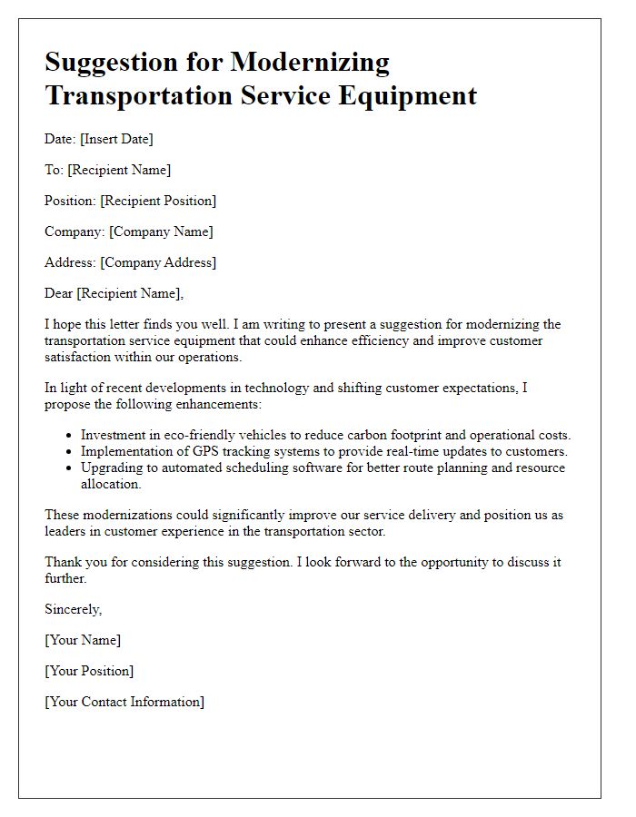 Letter template of suggestion for modernizing transportation service equipment.