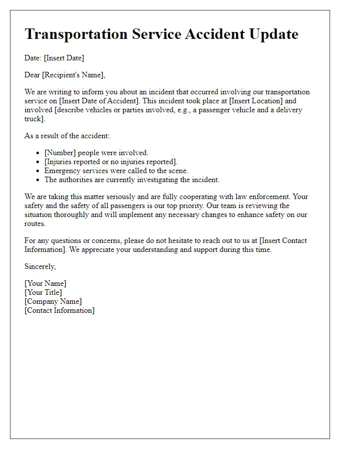 Letter template of transportation service accident update