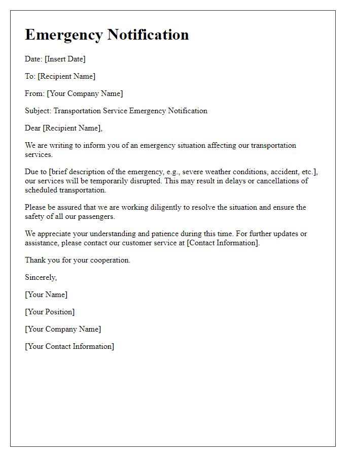 Letter template of transportation service emergency notification