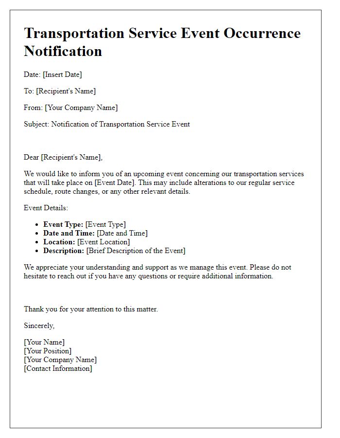 Letter template of transportation service event occurrence notification