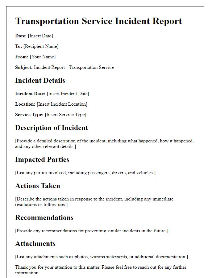 Letter template of transportation service incident report