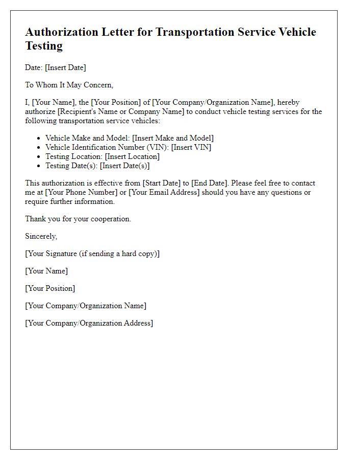 Letter template of authorization for transportation service vehicle testing