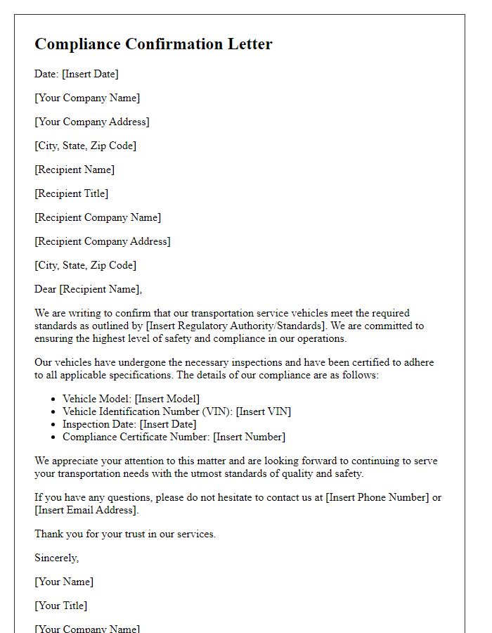 Letter template of compliance confirmation for transportation service vehicle standards