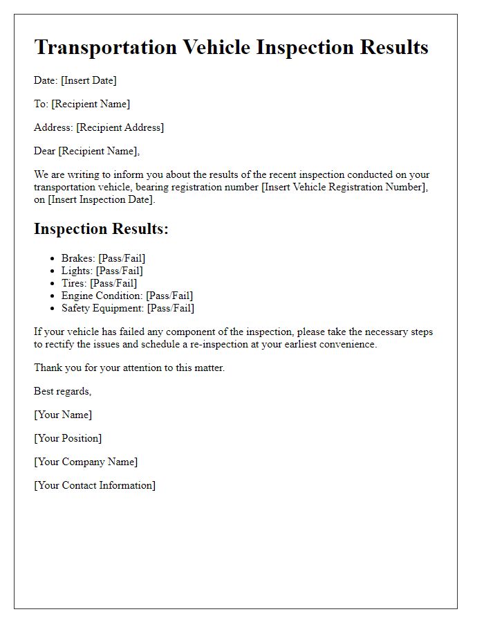 Letter template of notification for transportation vehicle inspection results