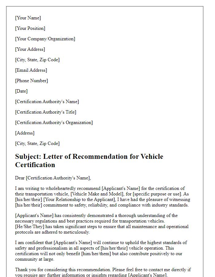 Letter template of recommendation for transportation vehicle certification