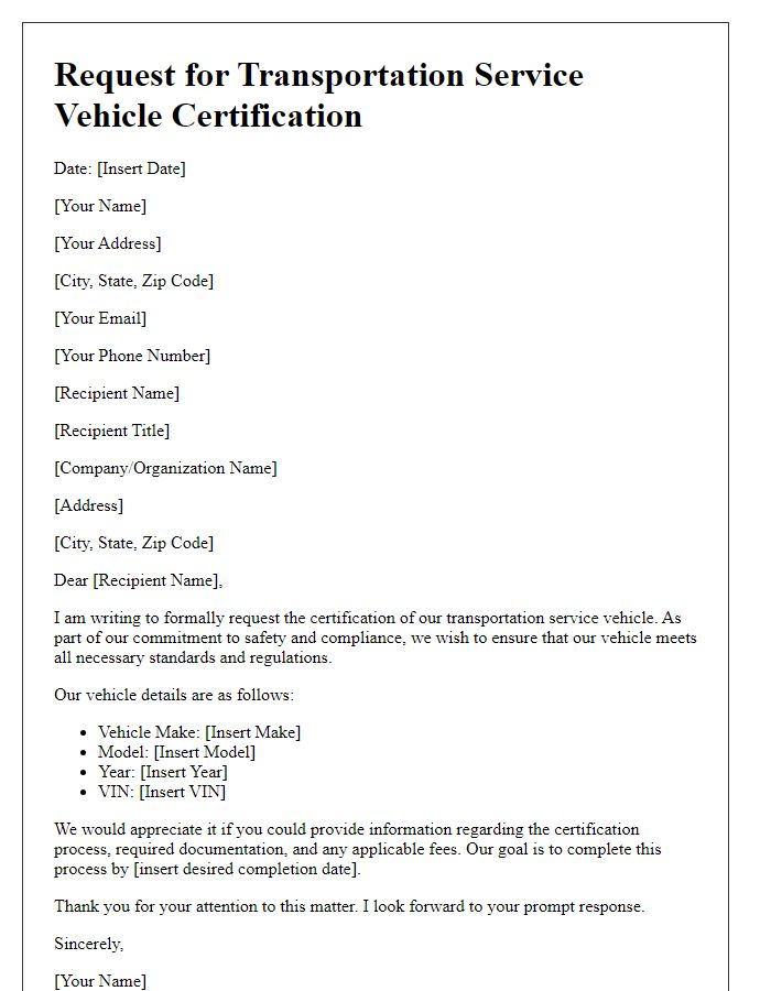 Letter template of request for transportation service vehicle certification