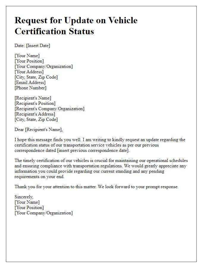 Letter template of update request on transportation service vehicle certification status