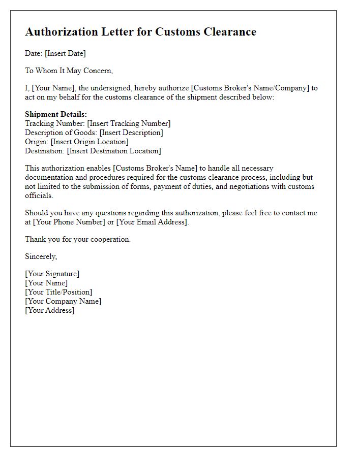 Letter template of authorization for customs clearance in transport logistics.