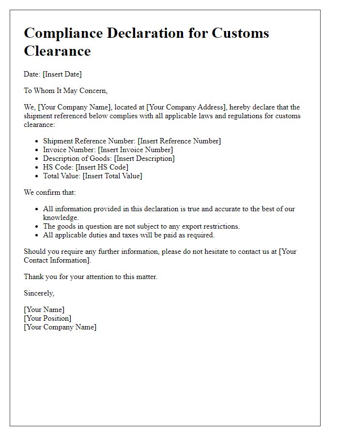 Letter template of compliance declaration for customs clearance in shipping.