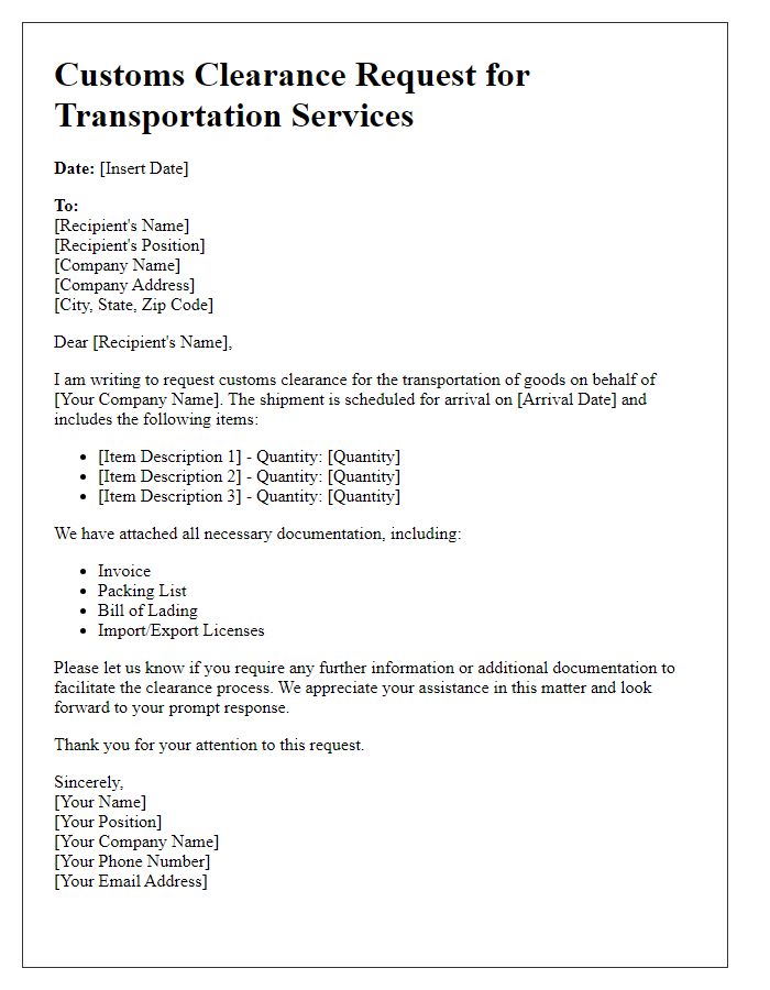 Letter template of customs clearance request for transportation services.