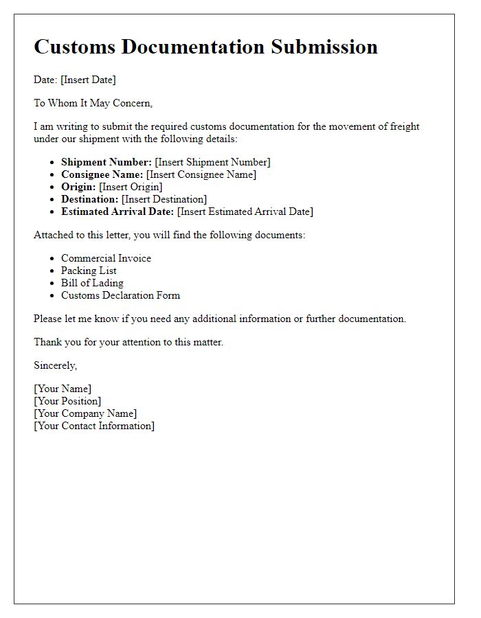 Letter template of customs documentation submission for freight movement.