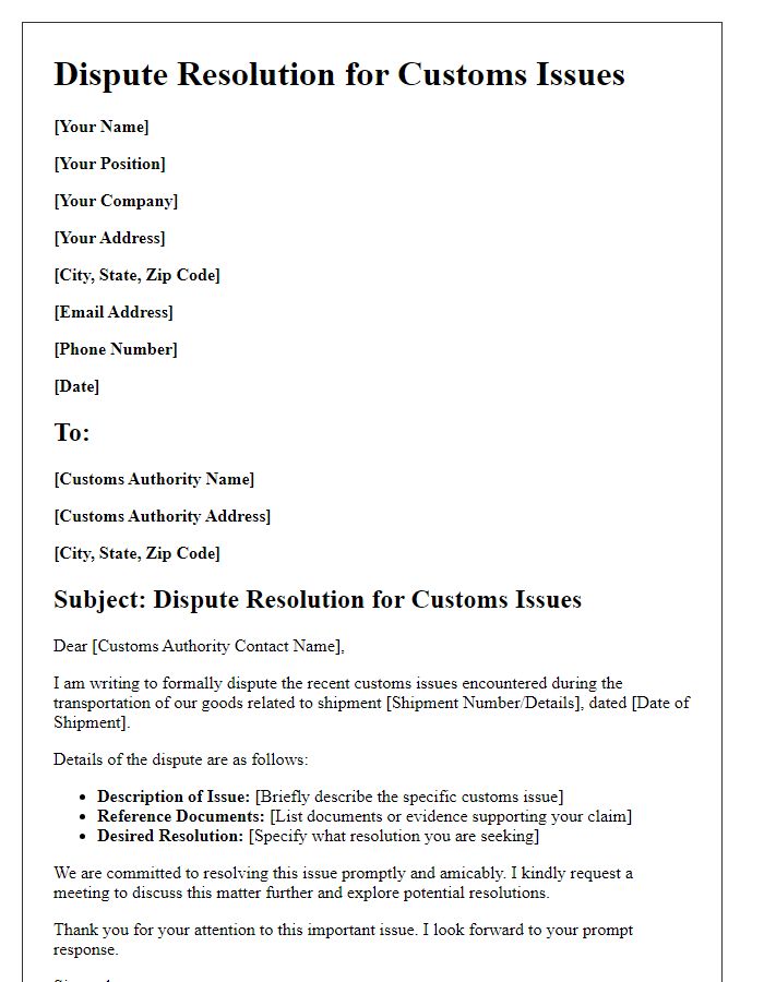 Letter template of dispute resolution for customs issues in transportation.