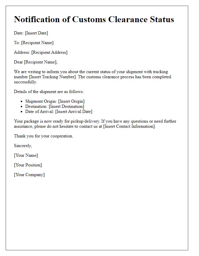 Letter template of notification for customs clearance status in transportation.