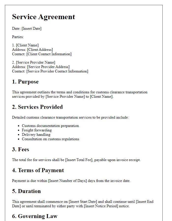 Letter template of service agreement for customs clearance transportation.